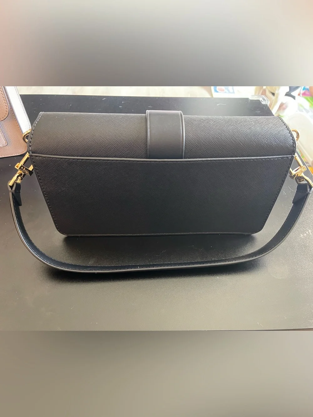 Michael Kors Black Leather Crossbody with Gold MK Emblem